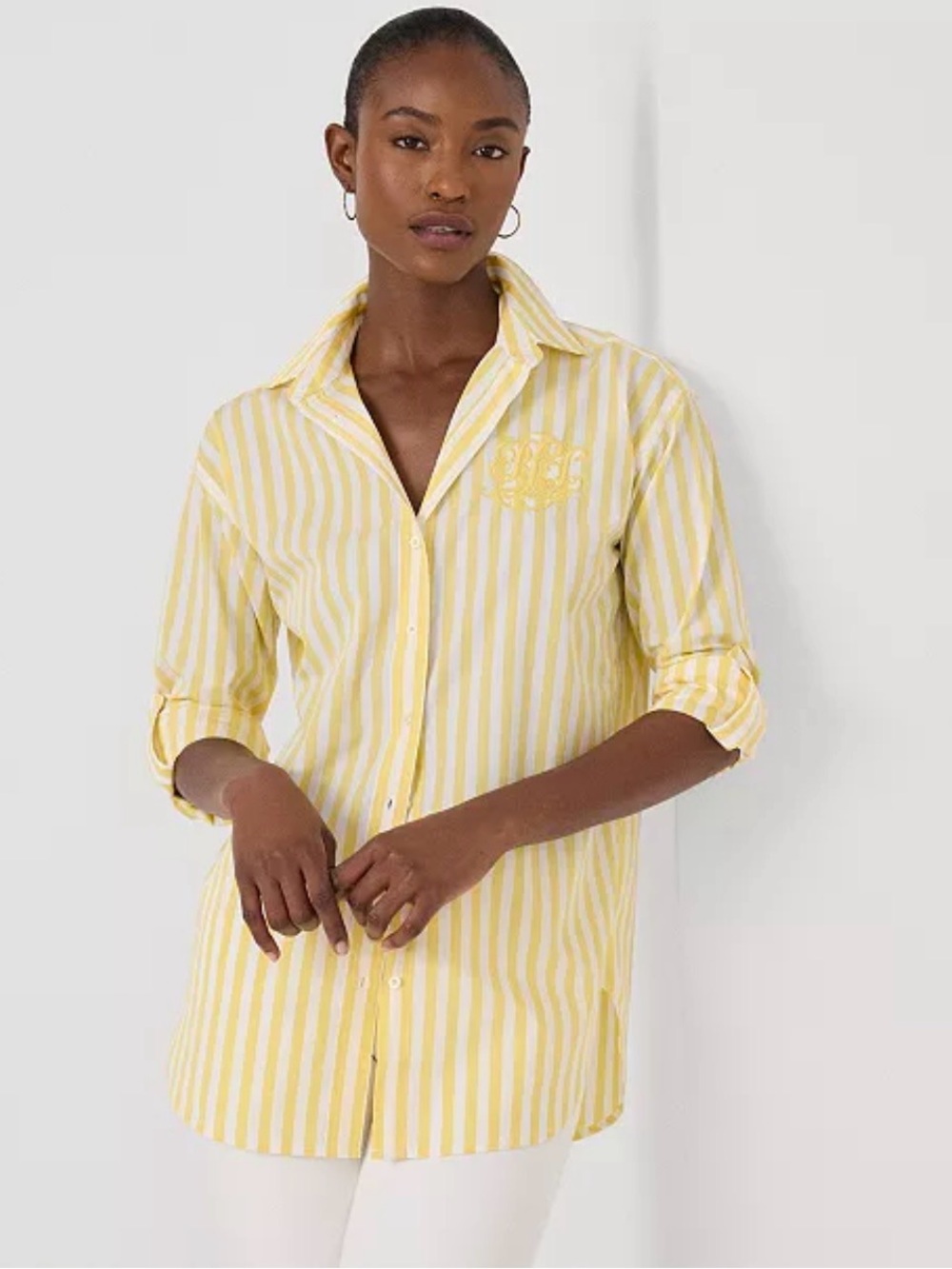 Lauren Ralph Lauren Womens Cotton Yellow White Striped Button-Down Shirt Sz XL